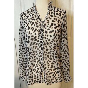 Express Portofino Slim Fit. Semi Sheer Animal Leopard Button Down Blouse Top‎ XS